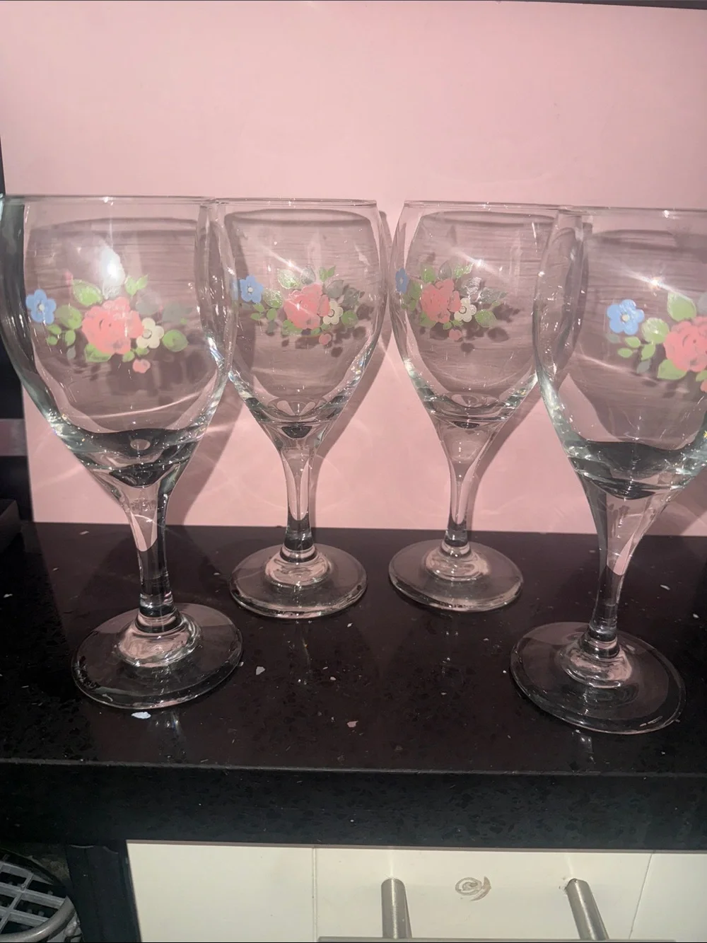 Floral Pink and Blue Wine Glasses - Set of 4